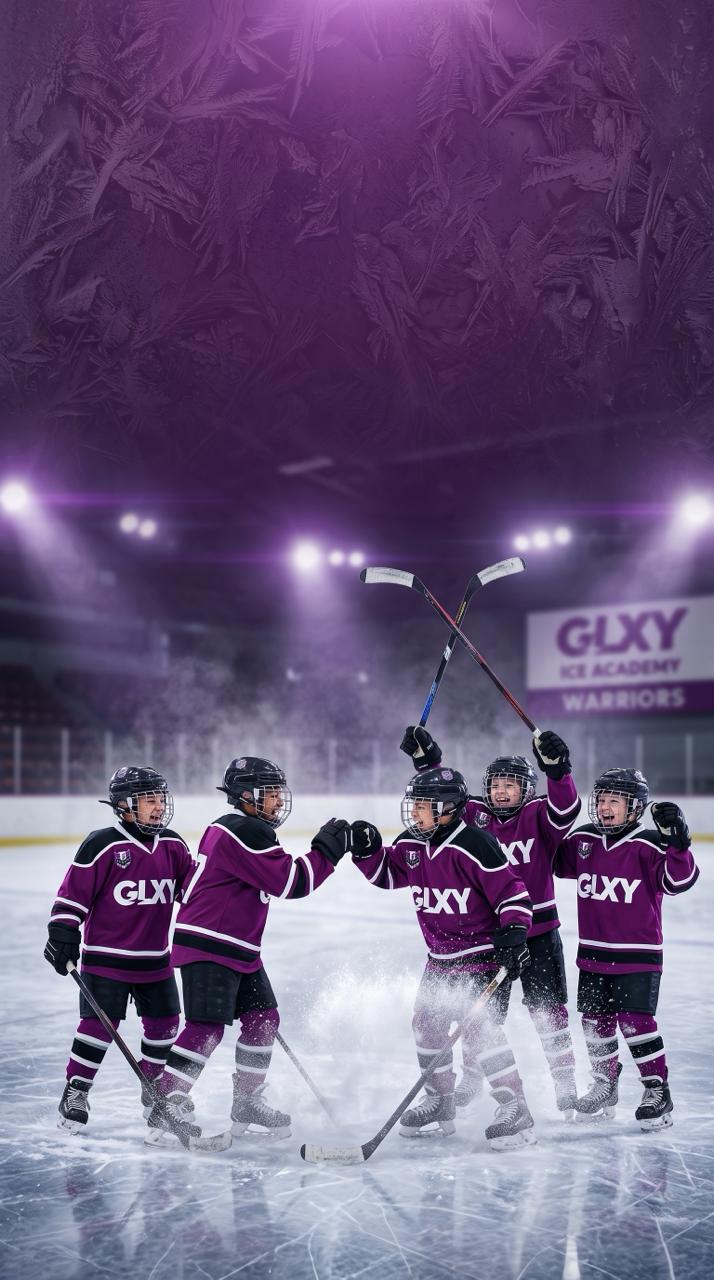 GLXY Warriors kids celebrating together on the ice in Dubai
